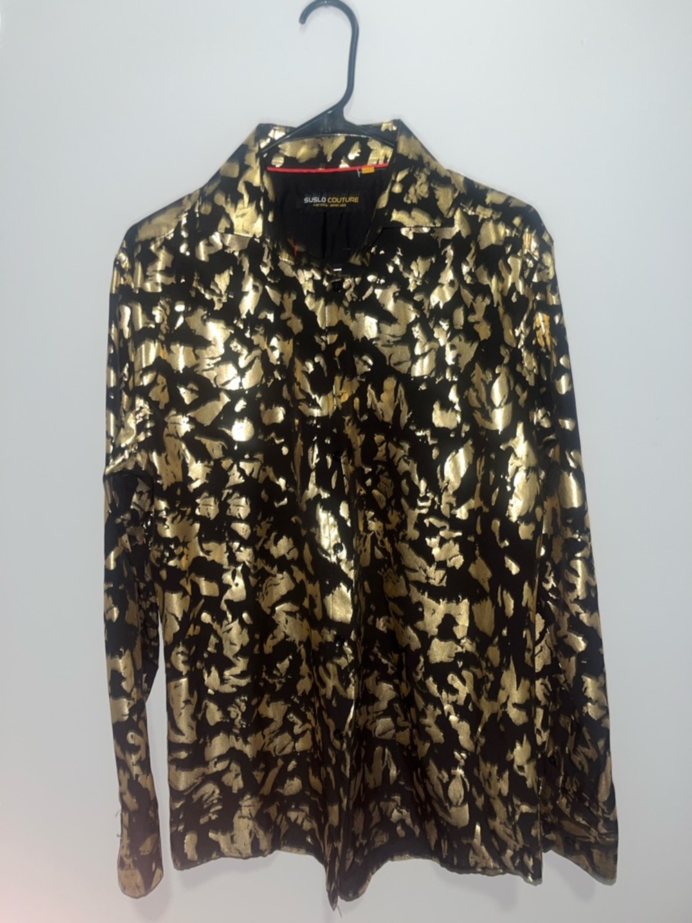 SUSLO COUTURE Men's Black and Gold Metallic Dress Shirt